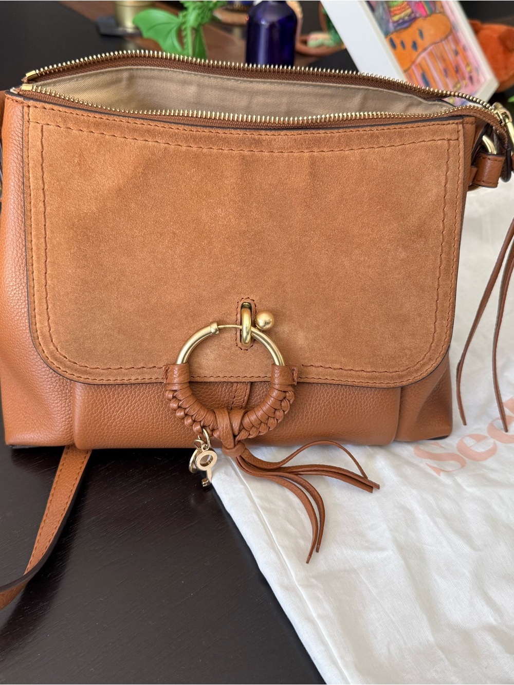 See By Chloe Tan Leather Joan Small Crossbody with Braided Ring - Picture 15 of 17